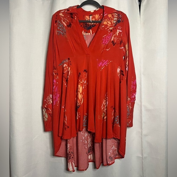 Free People Red Field Of Butterflies Long Sleeve Collared Tunic Small - Picture 4 of 10